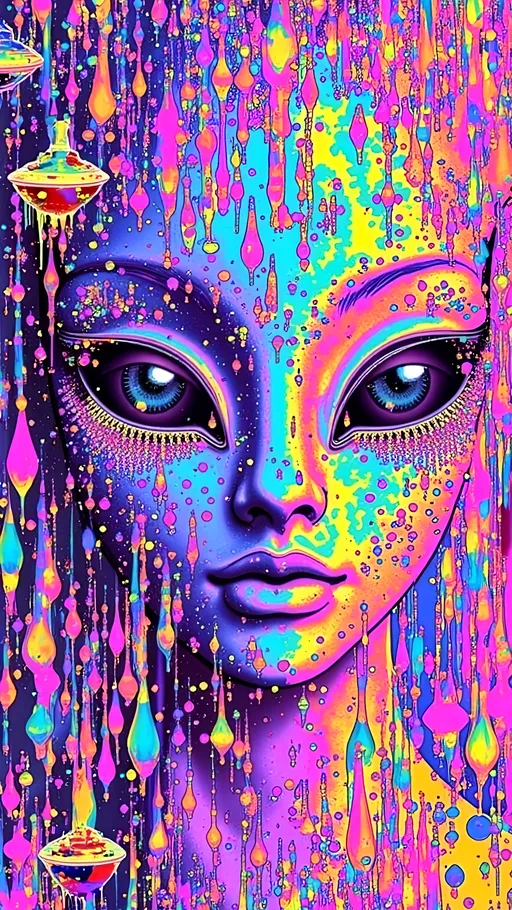 Prompt: Text - STARSEED - in a cursive hand drawn decorative art nouveau organic script style- Design 3 color a pop art nouveau t-shirt featuring a Lisa Frank-inspired 80s glam futuristic alien woman, limited to four vibrant colors. The central figure should be an alien woman with a classic 'gray' alien appearance—big pointed head and large almond-shaped solid colored dark shining eyes—styled with glamorous 80s fashion elements. Use bright, bold colors typical of Lisa Frank, incorporating metallic and neon hues to emphasize the futuristic theme. Surround her with whimsical elements like stars, planets, galaxies, and UFOs, all infused with a pop art nouveau flair. Add details such as sparkling jewelry, bold makeup, and flowing hair, reminiscent of 80s glam. The design should be eye-catching and energetic, blending the playful essence of Lisa Frank with the elegance of art nouveau, perfect for a standout t-shirt.