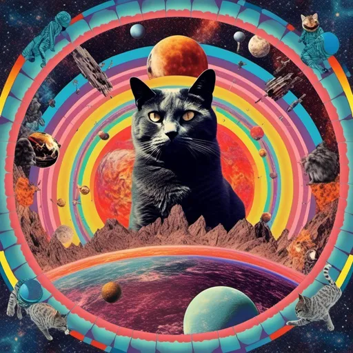 Prompt: a psychedelic collage with a vintage 70s sci-fi animation feel to it except the subject matter will be CATS IN SPACE! The collage will have elements of photography, illustration, trippy patterns and optical illusions, alien landscapes, strange trippy planets, UFOs,, meteors, all cut and spliced together in a psychedelic collage style <mymodel>