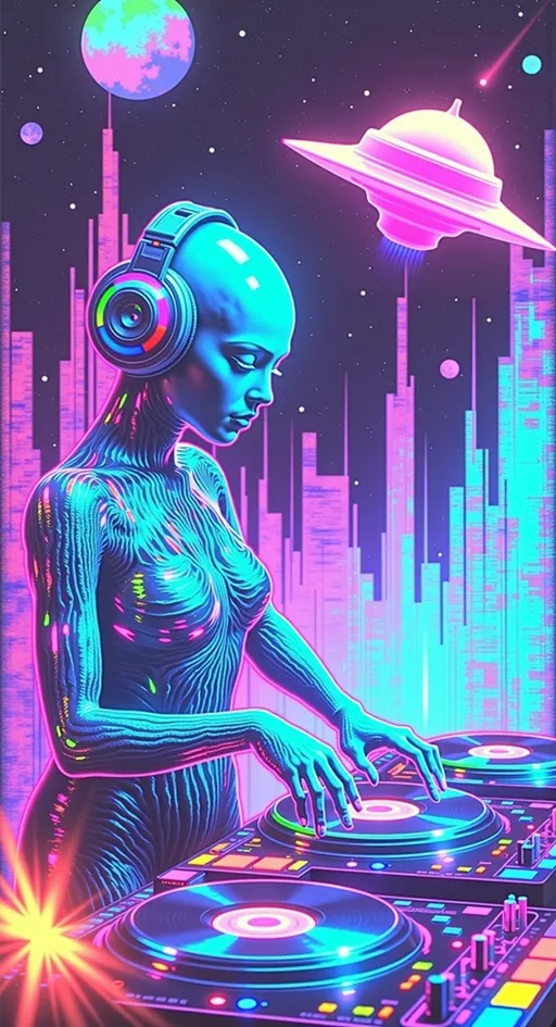 Prompt: **Glitchy Cosmic DJ Diva - AI Art Prompt**

Create an artwork featuring our iconic green-skinned alien babe as the ultimate DJ at a cosmic rave. She's working the turntables with finesse, her bald conical head adorned with a sleek, futuristic headset that pulses with neon lights in sync with the beats.

Dress her in futuristic, glowy rave attire that's both stylish and PG-13, featuring bold patterns and luminescent accents that shimmer with every movement. Her outfit should reflect the vibrant energy of the rave, with colors that pop and glow against the cosmic backdrop.

Surrounding her are a crowd of aliens grooving and raving to the cosmic tunes. These green-skinned partygoers are immersed in the rhythm, their bodies shimmering with astral light and cosmic sweat as they dance under the vast expanse of the astral plane.

The scene is alive with vibrant astral light that flickers and glows in time with the music, casting colorful reflections across the dance floor. Planets, stars, and asteroids form the backdrop, adding depth and a sense of infinite space to the rave.

Introduce a super glitchy aesthetic to the entire composition, with digital distortions and pixelated effects that add a layer of futuristic intrigue. The glitch elements should enhance the dynamic and energetic atmosphere, making the scene feel like a digital dreamscape.

A prominent UFO hovers nearby, its sleek design and luminescent glow adding an extra layer of sci-fi intrigue to the scene. The UFO's lights pulse in harmony with the music, enhancing the otherworldly atmosphere.

Balance hyperrealistic textures with an illustrative, artistic style, capturing the energy and excitement of this cosmic rave. Let the fine details and vibrant colors transport viewers into a realm where music and the extraterrestrial collide, in a celebration of cosmic joy and exploration. 🎧👽🌌

Let this prompt inspire a piece that's as dynamic and visually captivating as it is uniquely yours!