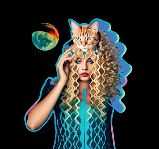 Prompt: A psychedelic collage featuring a photograph of a woman with blond curly long hair. The photo is cut and spliced with other photos - of cats, roads, landscapes, trippy optical illusion patterns, pickles, hamburgers, realistic  desert, alien  landscapes, geometric shapes in a psychedelic cut and paste collage <mymodel>