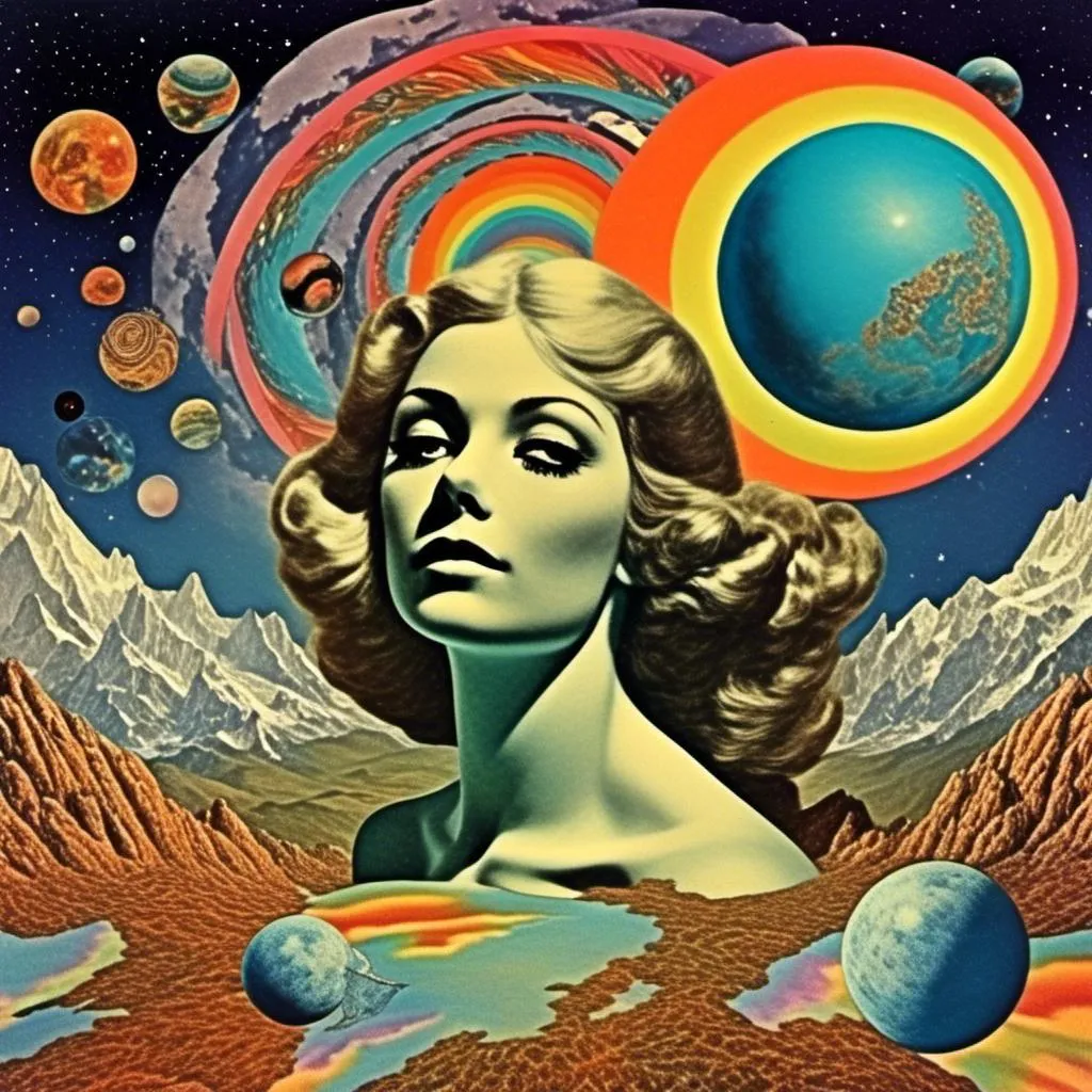 Prompt: A vintage 70s psychedelic collage with the theme “astral vacation”- incorporate themes of astral projection, the astral plane, the silver cord, use an astral brilliantly but sometimes muted opalescent color palette, & combine it all with planets, orbs, optical illusions and psychedelic trippy patterns, color spectrums as a surreal vintage psychedelic collage<mymodel>