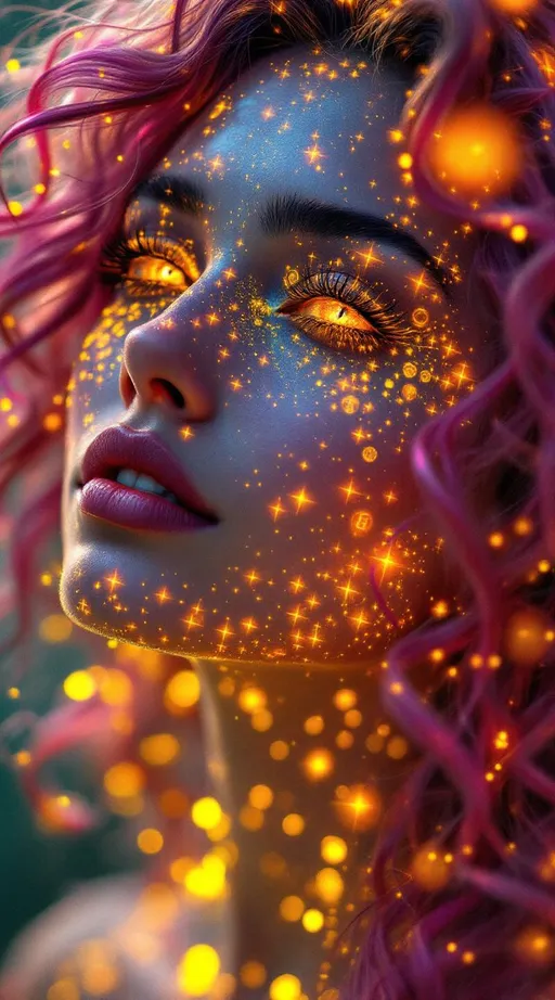 Prompt: Her face is a modular masterpiece—cheekbones traced with the shimmer of moonshine symmetry, every angle tuned to a hidden harmonic. Newton fractal veins glow faintly beneath translucent skin, shifting in color with each emotion. Her eyes burn with prime number fire, irises tiled in Penrose symmetry, blinking with curved light logic. Laughter echoes in Hilbert paths across her cheeks—space-filling joy spirals, soft and bright. Hair spills around her in radiant pink curls, styled by quasiperiodic forces and recursive wave equations—each strand flowing in luminous fractal tension. Geometry pulses at the hairline, recursive symbols glinting in neon mathdust. She is wrapped in hyperbolic aura-rings, layered in color-feedback like living topology, her presence refracting sacred math through joy, emotion, and colorfields.”

⸻

Visual Keywords:
Modular face symmetry, Newton glow skin, Penrose-tiled irises, Hilbert smile trails, pink recursive curls, fractal symbol halo, hyperbolic color aura, neon mathdust, prime fire eyes