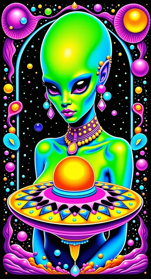 Prompt: **Cosmic Bitch - AI Art Prompt**

Create an artwork featuring the phrase "Cosmic Bitch" in a bold, sassy, girly futuristic tech font. The centerpiece is a stunning green-skinned alien female with a large somewhat conical shaped bald head & large solid black almond shaped eyes, exuding sass and confidence, dressed in avant-garde high fashion with a futuristic twist. Her ensemble is adorned with intricate accessories that scream alien chic.

Incorporate a vibrant UFO hovering in the scene, brimming with colorful lights that dance across the canvas. The background is a bustling outer space landscape, complete with an alien planet, swirling asteroids, and cosmic wonders. Alien glyphs are subtly woven into the design, adding an enigmatic touch.

The entire scene is a whirlwind of activity, filled with intricate details that draw the eye to every corner. From the tiniest star to the grandest asteroid, let no space go unadorned. The result is a masterpiece of cosmic chaos and extraterrestrial elegance.

Now, go forth and let your AI art creation shine in all its interstellar glory! 🌌👽✨