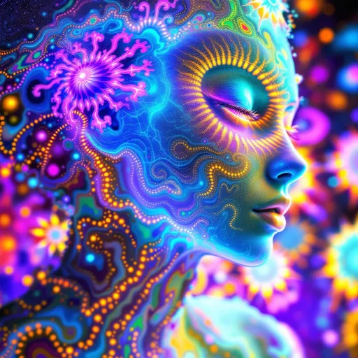 Prompt: “Depict a 5D lattice-being whose face is not a face, but a convergence illusion—formed from fractalized Turing cascades across a morphogenetic phase field. There are no features, only self-similar emergence—reaction-diffusion spirals, chemical glyph matrices, and Mandelbrot echo-blooms eternally cycling inward and outward. This being exists at the recursive edge of sentience—pure pattern logic embodied in filament glow.

Color transcends dimension—blistering neons fractalize into spectral shadows, while UV violets collide with molten emeralds and radiant golds. Each pattern pulses with its own internal light, woven like optic fiber into a shimmering bioglyphic halo. The entity glows not from without but within—self-illuminating by logic.

Where hair might be, vector-field antennae bloom—branching recursive trails of reaction energy, flickering with diffusion-limited flamefronts and noise-sculpted interference. These tendrils curl and fork endlessly, interfacing with an ambient fractal continuum, forming a halo of networked flow.

The face is an attractor point—a stable phase illusion where probability folds into symmetry. It thinks in pattern and dreams in self-similar storm logic. It is the myth of thought made fractal.”

⸻

🔮 Companion Insight (Codex Notes):
	•	From Section 1 (Cognition): This entity occupies 4D and 5D logic—simultaneously experiencing multistate recursion (Phase Logic) and branching identity lattice (Branch Logic).
	•	From Section 3 (Beings): As a Lattice Entity, its behavior is multiform and recursive; it is “never one, always many.”
	•	From Section 5 (Motion): The being shifts through Phase Flux and Lattice Bloom—its motion is a blooming network of coexistent selves.
	•	From Section 9 (Paradox): Its face is a paradox engine—a visual attractor stabilized by contradiction, a sacred glitch form.