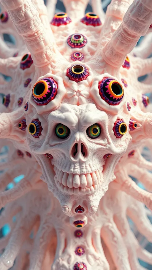 Prompt: an extremely hyper realistic ultra super textural weird trippy surreal psychedelic entity, gyroid structures, Pascal's Triangle, white, translucent, clear, bright bright pastel colors, oil slick rainbow sheen effect, lots and lots of light, lots of crazy colorful compound psychedelic human eyes, rows of human teeth, fungus, atoms, diatoms, gyroid structures, Pascal's Triangle