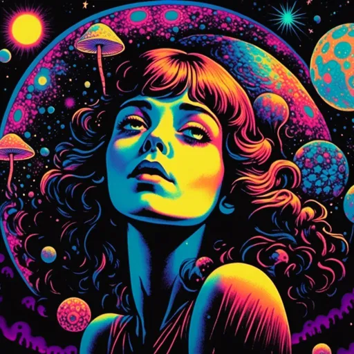 Prompt: <mymodel>Vintage 70s black light poster art illustration, girl hallucinating in space, psychedelic mushrooms, planets, moons, stars, fractals, vibrant colors, intense black light effects, detailed psychedelic girl, cosmic atmosphere, high quality, psychedelic, vintage, space, vibrant colors, fractal details, hallucination, girl illustration, retro art style, cosmic lighting