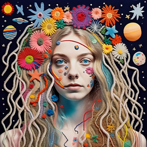 Prompt: <mymodel>Mixed media collage of a beautiful woman with long blond curly hair and blue eyes and her rainbow astral body sewn to each other with real thread, real thread stitching, planets and stars, outer space, wildflowers and fungus, surreal concept, textured, high quality, mixed media, collage, surreal, organic elements, detailed stitching, wildflowers, fungus, textured, vibrant colors, natural lighting