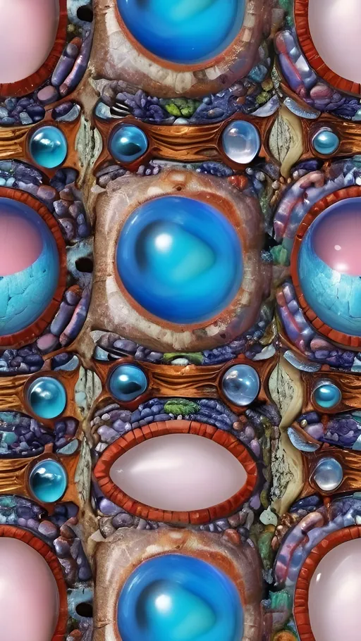 Prompt: Create an extremely hyper-realistic, ultra super textural, weird, trippy, surreal, psychedelic eyes/teeth/mouth pattern/design based on Triskelion & “Op Art tiling” with lots of human eyes (crazy colorful compound psychedelic), rows of human teeth, human lips, and tongues. 

- **Colors**: determined by the properties and expressions of the elements (& their isotopes), minerals, and metals: Helium (He), opal, moonstone, Kunzite, Fluorite, selenite, rose quartz, Palladium (Pd), “Fusarium verticillioides”

**Shapes and forms**
- Triskelion 
- "Op Art tiling" 
-other shapes determined by the natural properties and expressions of the elements (& their isotopes), minerals, metals, and biological organisms: Helium (He), opal, moonstone, Kunzite,  Fluorite, selenite, rose quartz,  Palladium (Pd), “Fusarium verticillioides”


- **Textures**: Derived from any/all elements (& their isotopes), minerals, metals, crystals, organic things mentioned in this prompt: Helium (He), opal, moonstone, Kunzite, Fluorite,  selenite, rose quartz, Palladium (Pd), “Fusarium verticillioides”

**Composition and Layout**:
- a pattern/design based on the Op Art tiling & Triskelion 

**Lighting**:
- lots of bright light
- Iridescence
- Aventurescence
- Chatoyancy
- Asterism

**Detail and Atmosphere**:
- Extreme hyperrealistic sharp high detail high definition organic and mineral textures
- Psychedelic, weird, odd, surreal atmosphere
- Frozen in time

**Additional Elements**:
- extra rows of teeth, lips, many eyes, Op Art tiling, Triskelion, Iridescence, Aventurescence, Chatoyancy
