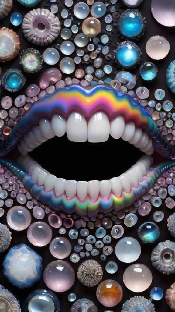 Prompt: Create an extremely hyper-realistic, ultra super textural, weird, trippy, surreal, psychedelic eyes/teeth/mouth pattern/design based on Mandelbrot & “Op Art tiling” with lots of human eyes (crazy colorful compound psychedelic), rows of human teeth, human lips, and tongues. 

- **Colors**: determined by the properties and expressions of the elements (& their isotopes), minerals, and metals: opal, moonstone, Kunzite, selenite, rose quartz, Platinum (Pt)

**Shapes and forms**
- Mandelbrot 
- "Op Art tiling" 
-other shapes determined by the natural properties and expressions of the elements (& their isotopes), minerals, metals, and biological organisms: opal, moonstone, Kunzite, selenite, rose quartz,  Platinum (Pt)


- **Textures**: Derived from any/all elements (& their isotopes), minerals, metals, crystals, organic things mentioned in this prompt: opal, moonstone, Kunzite, selenite, rose quartz, Platinum (Pt)

**Composition and Layout**:
- a pattern/design based on the Op Art tiling & Mandelbrot 

**Lighting**:
- lots of bright light
- Iridescence
- Aventurescence
- Chatoyancy
- Asterism

**Detail and Atmosphere**:
- Extreme hyperrealistic sharp high detail high definition organic and mineral textures
- Psychedelic, weird, odd, surreal atmosphere
- Frozen in time

**Additional Elements**:
- extra rows of teeth, lips, many eyes, Op Art tiling, Mandelbrot, Iridescence
