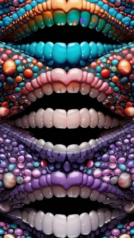 Prompt: Create an extremely hyper-realistic, ultra super textural, weird, trippy, surreal, psychedelic eyes/teeth/mouth pattern/design based on Mandelbrot & “Op Art tiling” with lots of human eyes (crazy colorful compound psychedelic), rows of human teeth, human lips, and tongues. 

- **Colors**: determined by the properties and expressions of the elements (& their isotopes), minerals, and metals: opal, moonstone, amethyst, rose quartz, Platinum (Pt)

**Shapes and forms**
- Mandelbrot 
- "Op Art tiling" 
-other shapes determined by the natural properties and expressions of the elements (& their isotopes), minerals, metals, and biological organisms: opal, moonstone, amethyst, rose quartz,  Platinum (Pt)


- **Textures**: Derived from any/all elements (& their isotopes), minerals, metals, crystals, organic things mentioned in this prompt: opal, moonstone, amethyst, rose quartz, Platinum (Pt)

**Composition and Layout**:
- a pattern/design based on the Op Art tiling & Mandelbrot 

**Lighting**:
- lots of bright light
- Phosphorescence

**Detail and Atmosphere**:
- Extreme hyperrealistic sharp high detail high definition organic and mineral textures
- Psychedelic, weird, odd, surreal atmosphere
- Frozen in time

**Additional Elements**:
- extra rows of teeth, lips, many eyes, Op Art tiling, Mandelbrot 
