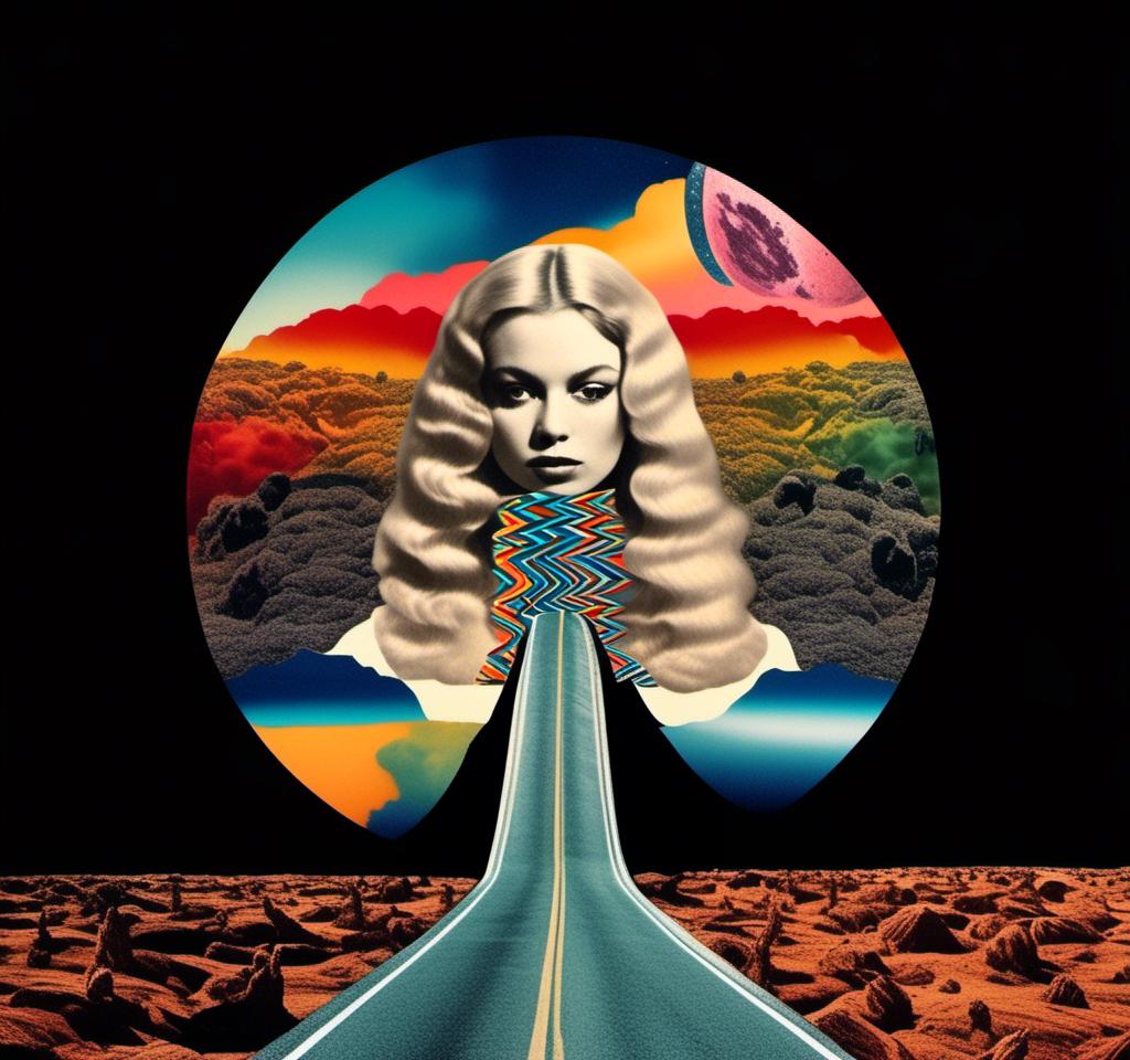 Prompt: A psychedelic collage featuring a photograph of a woman with blond curly long hair. The photo is cut and spliced with other photos - of cats, roads, landscapes, trippy optical illusion patterns, pickles, hamburgers, realistic  desert, alien  landscapes, geometric shapes in a psychedelic cut and paste collage <mymodel>