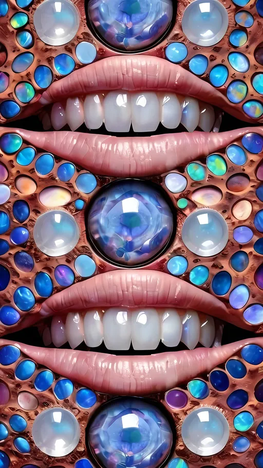 Prompt: Create an extremely hyper-realistic, ultra super textural, weird, trippy, surreal, psychedelic eyes/teeth/mouth pattern/design based on Mandelbrot & “Op Art tiling” with lots of human eyes (crazy colorful compound psychedelic), rows of human teeth, human lips, and tongues. 

- **Colors**: determined by the properties and expressions of the elements (& their isotopes), minerals, and metals: opal, moonstone, Kunzite, selenite, rose quartz, Palladium (Pd), “Fusarium verticillioides”

**Shapes and forms**
- Mandelbrot 
- "Op Art tiling" 
-other shapes determined by the natural properties and expressions of the elements (& their isotopes), minerals, metals, and biological organisms: opal, moonstone, Kunzite, selenite, rose quartz,  Palladium (Pd), “Fusarium verticillioides”


- **Textures**: Derived from any/all elements (& their isotopes), minerals, metals, crystals, organic things mentioned in this prompt: opal, moonstone, Kunzite, selenite, rose quartz, Palladium (Pd), “Fusarium verticillioides”

**Composition and Layout**:
- a pattern/design based on the Op Art tiling & Mandelbrot 

**Lighting**:
- lots of bright light
- Iridescence
- Aventurescence
- Chatoyancy
- Asterism

**Detail and Atmosphere**:
- Extreme hyperrealistic sharp high detail high definition organic and mineral textures
- Psychedelic, weird, odd, surreal atmosphere
- Frozen in time

**Additional Elements**:
- extra rows of teeth, lips, many eyes, Op Art tiling, Mandelbrot, Iridescence, Aventurescence, Chatoyancy
