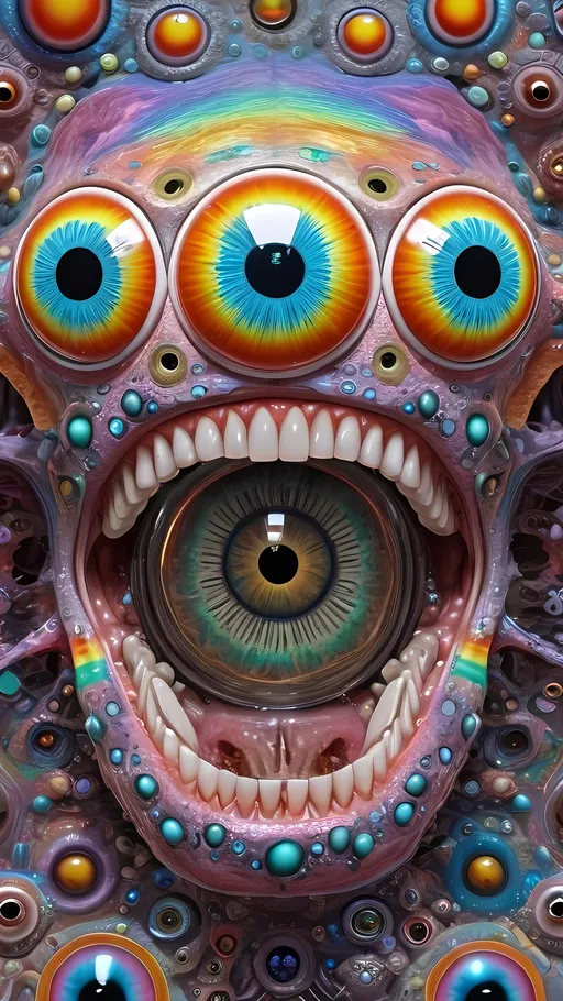 Prompt: an extremely hyper realistic ultra super textural weird trippy surreal psychedelic entity, cantor set, apollonian gaskets, catenoids, white, translucent, clear, bright bright pastel colors, oil slick rainbow sheen effect, lots and lots of light, lots of crazy colorful compound psychedelic human eyes, rows of human teeth, fungus, atoms, diatoms, enneper sufaces, apollonian gaskets, cantor set 