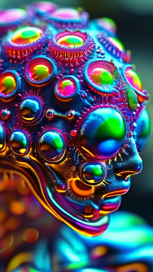 Prompt: an extremely hyper realistic ultra super textural weird trippy surreal psychedelic entity, Cardioid Curves, ,,, translucent, pearlescent finish, silver, pyrite, quartz,, clear, bright vivid teals, blues, pinks/yellows/greens, black charcoal, lots and lots of light, lots of crazy colorful compound psychedelic human eyes, rows of human teeth, fungus,  atoms, diatoms,, Cardioid Curves