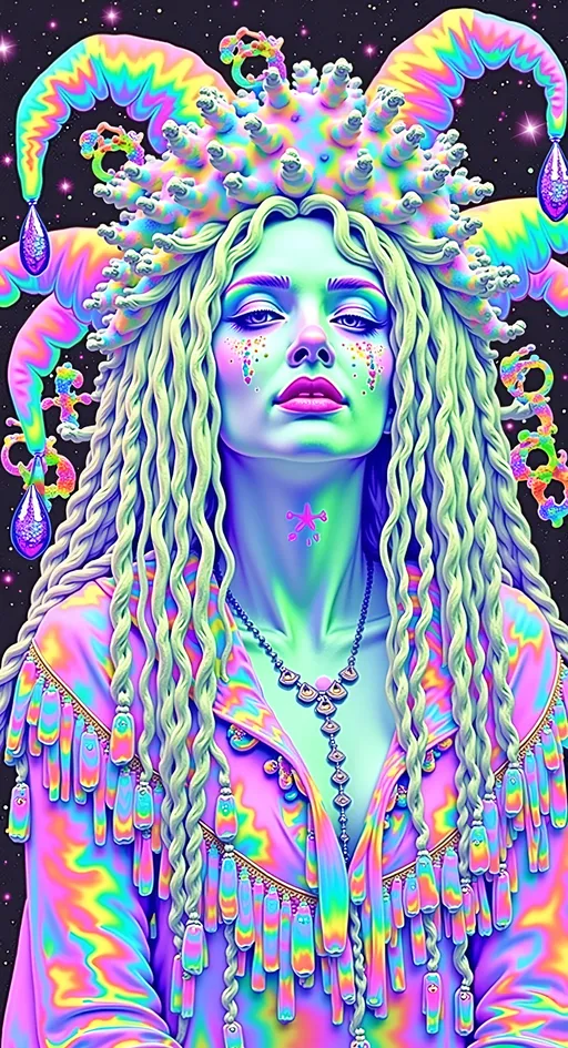 Prompt: Create a super hyperrealistic, finely detailed psychedelic Nouveau illustration of a Cosmic Jester. Feature the word MERRYPRANXTERworked organically into the background somehow.  This enchanting character is a merry prankster of the cosmos, an astral jokester dancing through time and space. She exudes a jester vibe, wearing feminine holographic jester attire & makeup with a feminine, harlequin twist. Not human, but humanoid, she is crafted from vibrant colored light, embodying an extra-dimensional extraterrestrial essence. Her presence is a beacon of joy, as she laughs and twirls through the cosmic astral realms, elevating vibes wherever she roams. 

Her beauty is otherworldly, with long, curly hair that shimmers like a cascade of colored light, appearing blonde yet transcending earthly hues. Her eyes sparkle with mischievous wisdom, and her attire is a dazzling array of intricate patterns and swirling colors, reminiscent of both jester garb and celestial phenomena.

Incorporate the text "the merrypranxter" above her in smaller, elegant lettering, seamlessly blending into the cosmic background. This text should capture the essence of her playful spirit, as if it were a whisper from the universe itself. The illustration should radiate her vibrant energy, portraying her as a timeless wanderer spreading joy and wonder throughout the cosmos.