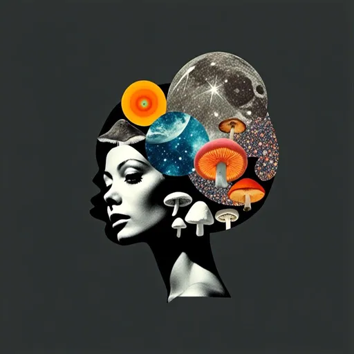 Prompt: <mymodel>Surreal vintage 70s psychedelic collage, black and white woman photograph, mushrooms, fungus, crystals, outer space, retro artistic medium, dreamy atmosphere, vibrant colors, high detail, vintage, psychedelic, surreal, black and white, dreamy lighting, cosmic, detailed cutouts