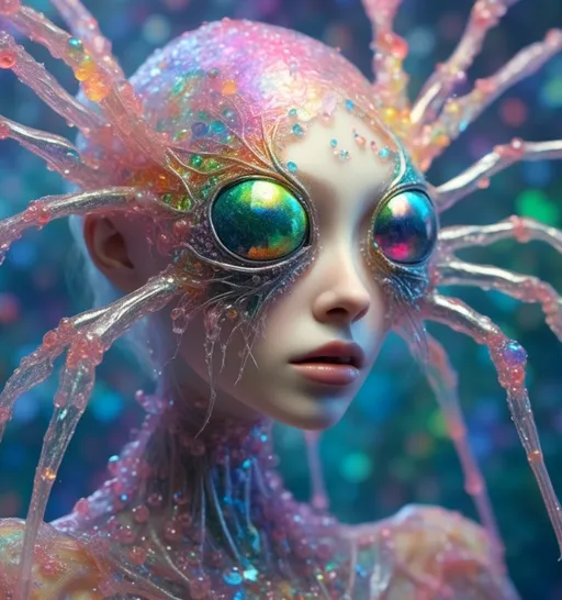 Prompt: <mymodel>extremely hyperrealistic extremely high textural beautiful female sentient spider entity, arachnid woman,8 eyes, humanoid, human woman with spider features, lots of light, extreme organic textures, white, translucent, bright pastel colors, oil slick rainbow sheen effect, silver, chrome, crystals, 
Arachnid, cephalothorax, abdomen, pedipalps, chelicerae, fangs, spinnerets, silk glands, book lungs, tracheae, 