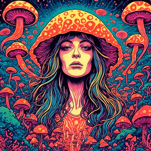 Prompt: <mymodel>Psychedelic album cover art of a girl, vibrant colors, trippy visuals, surreal mushrooms, high-quality, detailed illustration, psychedelic, poster art, vibrant colors, surreal, girl, mushrooms, trippy visuals, detailed, professional, surrealistic lighting