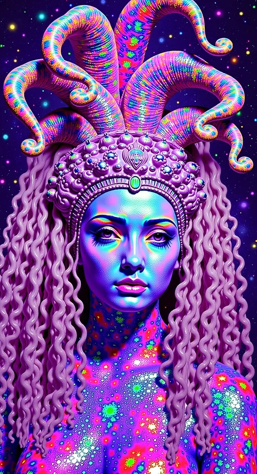 Prompt: Create a super hyperrealistic, finely detailed psychedelic Nouveau illustration of a Cosmic Jester. Feature the word MERRYPRANXTERworked organically into the background somehow.  This enchanting character is a merry prankster of the cosmos, an astral jokester dancing through time and space. She exudes a jester vibe, wearing feminine holographic jester attire & makeup with a feminine, harlequin twist. Not human, but humanoid, she is crafted from vibrant colored light, embodying an extra-dimensional extraterrestrial essence. Her presence is a beacon of joy, as she laughs and twirls through the cosmic astral realms, elevating vibes wherever she roams. 

Her beauty is otherworldly, with long, curly hair that shimmers like a cascade of colored light, appearing blonde yet transcending earthly hues. Her eyes sparkle with mischievous wisdom, and her attire is a dazzling array of intricate patterns and swirling colors, reminiscent of both jester garb and celestial phenomena.

Incorporate the text "the merrypranxter" above her in smaller, elegant lettering, seamlessly blending into the cosmic background. This text should capture the essence of her playful spirit, as if it were a whisper from the universe itself. The illustration should radiate her vibrant energy, portraying her as a timeless wanderer spreading joy and wonder throughout the cosmos.