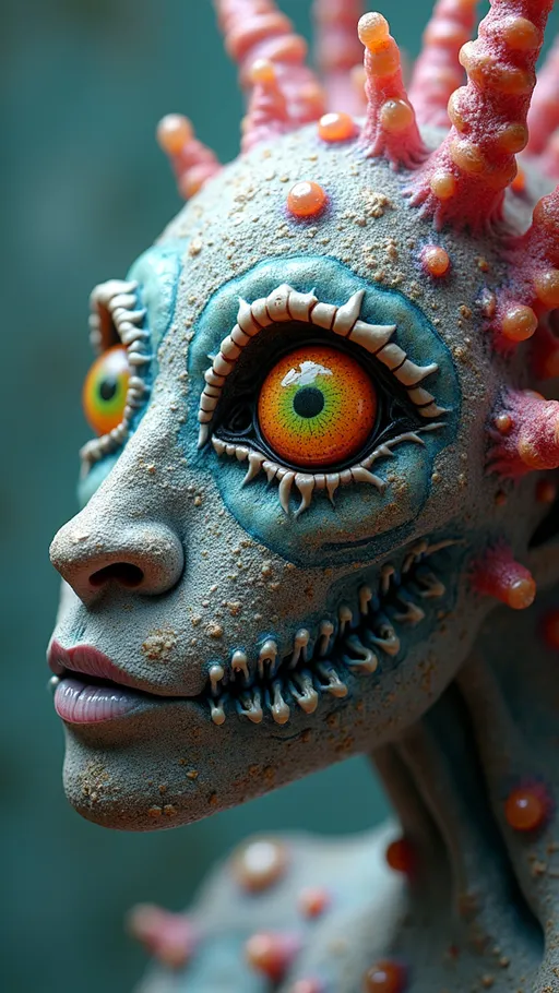 Prompt: an extremely hyper realistic ultra super textural weird trippy surreal psychedelic entity, Cardioid Curves, ,,, translucent, pearlescent finish, silver, pyrite, quartz,, clear, bright vivid teals, blues, pinks/yellows/greens, black charcoal, lots and lots of light, lots of crazy colorful compound psychedelic human eyes, rows of human teeth, fungus,  atoms, diatoms,, Cardioid Curves