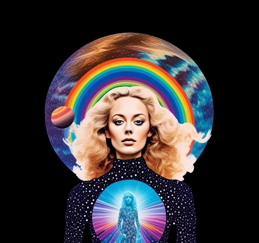 Prompt: A psychedelic collage featuring a photograph of a woman with blond curly long hair. The photo is cut and spliced with other photos and drawings of aliens, UFOs, rainbow spectrums are erupting from places, planets, stars, landscapes, and sparkles set amidst optical illusions of all kinds in geometric shapes giving an otherworldly surreal bizarre ufo alien effect to this psychedelic collage <mymodel>