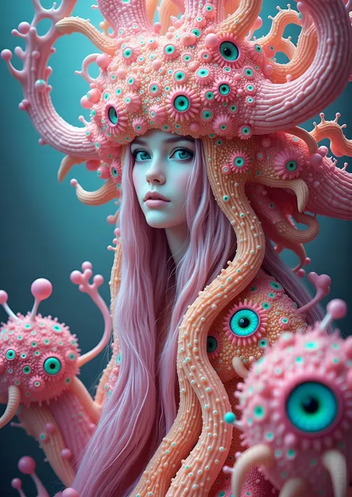 Prompt: Create an enchanting and surreal landscape featuring slime molds at various stages of reproduction, magnified to a macro scale that reveals their intricate beauty. The scene is a kaleidoscope of vibrant pastel pinks, oranges, and aquamarine blues, echoing a retro psychedelic aesthetic. Nestled within this organic tapestry is a caucasian slim woman with long wild pink very curly hair and blue eyes, her form subtly integrated into the landscape, as if she is part of the natural cycle. Her eyes, a striking blue, gaze out from amidst the undulating forms of the slime molds, which twist and coil around her like living jewelry.

The style is reminiscent of a combination of Ernst Haeckel's scientific illustrations and the psychedelic art movement, with a focus on hyper-realistic detailing that captures the delicate textures and translucent qualities of the slime molds. The medium appears to be a digital painting, with a high level of detail that brings the surreal forms to life. The mood is otherworldly and contemplative, inviting viewers to explore the hidden beauty of these often-overlooked organisms. The lighting is soft and ethereal, casting gentle highlights and shadows that enhance the organic forms and create a sense of depth. The outlines are fluid and organic, blending seamlessly into the background, creating a harmonious and immersive scene.