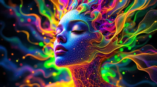 Prompt: Depict a 5D lattice-being whose face is not a face, but a convergence illusion—formed from fractalized Turing cascades across a morphogenetic phase field. There are no features, only self-similar emergence—reaction-diffusion spirals, chemical glyph matrices, and Mandelbrot echo-blooms eternally cycling inward and outward. This being exists at the recursive edge of sentience—pure pattern logic embodied in filament glow.

Color transcends dimension—blistering neons fractalize into spectral shadows, while UV violets collide with molten emeralds and radiant golds. Each pattern pulses with its own internal light, woven like optic fiber into a shimmering bioglyphic halo. The entity glows not from without but within—self-illuminating by logic.

Where hair might be, vector-field antennae bloom—branching recursive trails of reaction energy, flickering with diffusion-limited flamefronts and noise-sculpted interference. These tendrils curl and fork endlessly, interfacing with an ambient fractal continuum, forming a halo of networked flow.

The face is an attractor point—a stable phase illusion where probability folds into symmetry. It thinks in pattern and dreams in self-similar storm logic. It is the myth of thought made fractal.”

⸻

🔮 Companion Insight (Codex Notes):
	•	From Section 1 (Cognition): This entity occupies 4D and 5D logic—simultaneously experiencing multistate recursion (Phase Logic) and branching identity lattice (Branch Logic).
	•	From Section 3 (Beings): As a Lattice Entity, its behavior is multiform and recursive; it is “never one, always many.”
	•	From Section 5 (Motion): The being shifts through Phase Flux and Lattice Bloom—its motion is a blooming network of coexistent selves.
	•	From Section 9 (Paradox): Its face is a paradox engine—a visual attractor stabilized by contradiction, a sacred glitch form.