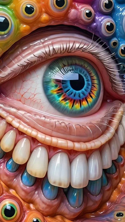 Prompt: an extremely hyper realistic ultra super textural weird trippy surreal psychedelic entity, Diophantus spiral, white, translucent, clear, bright bright pastel colors, oil slick rainbow sheen effect, lots and lots of light, lots of crazy colorful compound psychedelic human eyes, rows of human teeth, fungus, atoms, diatoms, diophantine spirals