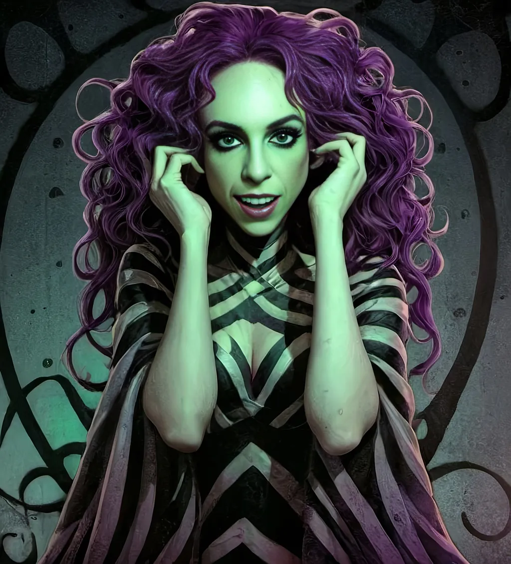 Prompt: <mymodel>Beetlejuice-themed illustration with Tim Burton aesthetic, sandworm, purple, neon green, black, textured pattern, high-quality, detailed, Tim Burton style, cartoon, dark tones, eerie lighting, sandworm texture, Beetlejuice aesthetic, vivid colors, eerie atmosphere, gothic, haunting, neon accents, detailed patterns, spooky, beetlejuice, highres, textured, neon, eerie, detailed texture, Tim Burton style, haunting, vivid colors