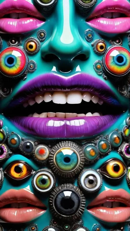 Prompt: an extremely hyper realistic ultra super textural weird trippy surreal psychedelic pattern, psychedelic human mouths, lips, rows of mouths, Diophantine Spirals, translucent, charcoal black black, blown glass, pearlescent finish, inlaid opal, glittering crystal accents, silver, pyrite, quartz,, chrome, bright vivid teals, blues, pinks/yellows/greens,purples,  lots and lots of light, lots of crazy colorful compound psychedelic human eyes, rows of human teeth, human lips, tongues, fungus,  atoms, diatoms, diatomic, algae, bryozoans, Diophantine Spirals, extreme high definition organic and mineral textures