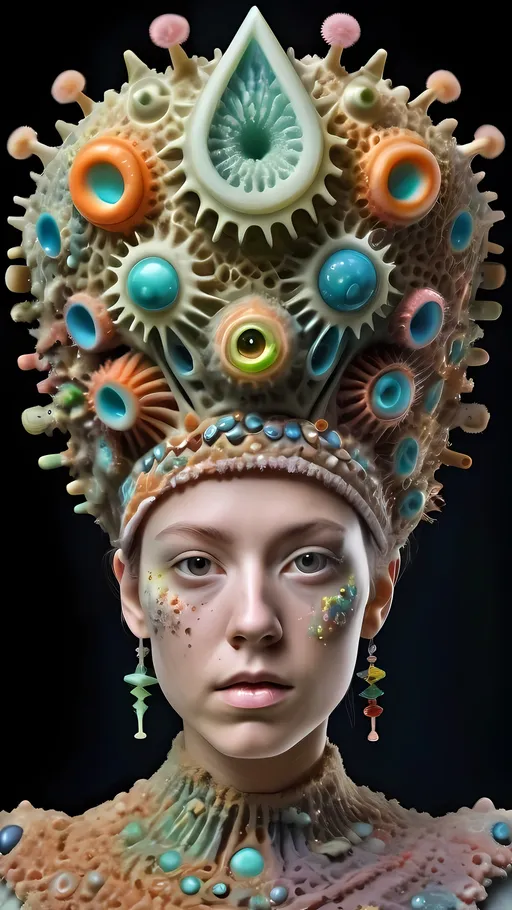 Prompt: Extremely hyperrealistic ultra textural trippy surreal beautiful but odd unsettling psychedelic creature- a psychedelic diatomaceous creature entity queen crown jewelry cape with lots of crazy psychedelic human compound eyes, rows upon rows of human teeth.  head, face, body, limbs, fungus, Mandelbrot, oil slick rainbow sheen effect, holographic, hologram, translucent, vivid colors white, tons and tons of light, bright pastel colors, Gyroid Structures. Diatoms: bacillariophyta, siliceous, valves, girdle bands, raphe, striae, puncta, areolae, costae, rimoportula, fultoportula, chloroplasts, auxospore, epitheca, hypotheca, mucilage, frustule symmetry, valve morphology, pennate diatoms, centric diatoms, motile, non-motile, biofilm, epiphytic, epilithic, epipsammic, biogenic silica, diatomaceous earth, primary producers, carbon fixation, biogeochemical cycles, diatom blooms, paleoecology, nanostructures, microalgae, environmental indicators, aquatic ecosystems. geometric, symmetrical, radial, bilateral, elongated, circular, triangular, oval, star-shaped, pennate, centric, intricate, lattice-like, perforated, silica, frustules, ornate, microscopic, diverse, varied, delicate, transparent, golden-brown, pillbox-shaped, chain-forming, solitary, colonial, planktonic, benthic,