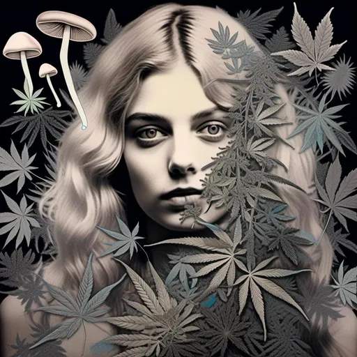 Prompt: <mymodel>Mixed media collage of a girl with long blond curly hair and blue eyes, black and white photograph, cannabis leaves, mushrooms, smoke and fractals in the background, hand-colored, high contrast, psychedelic, detailed facial features, vintage style, atmospheric lighting