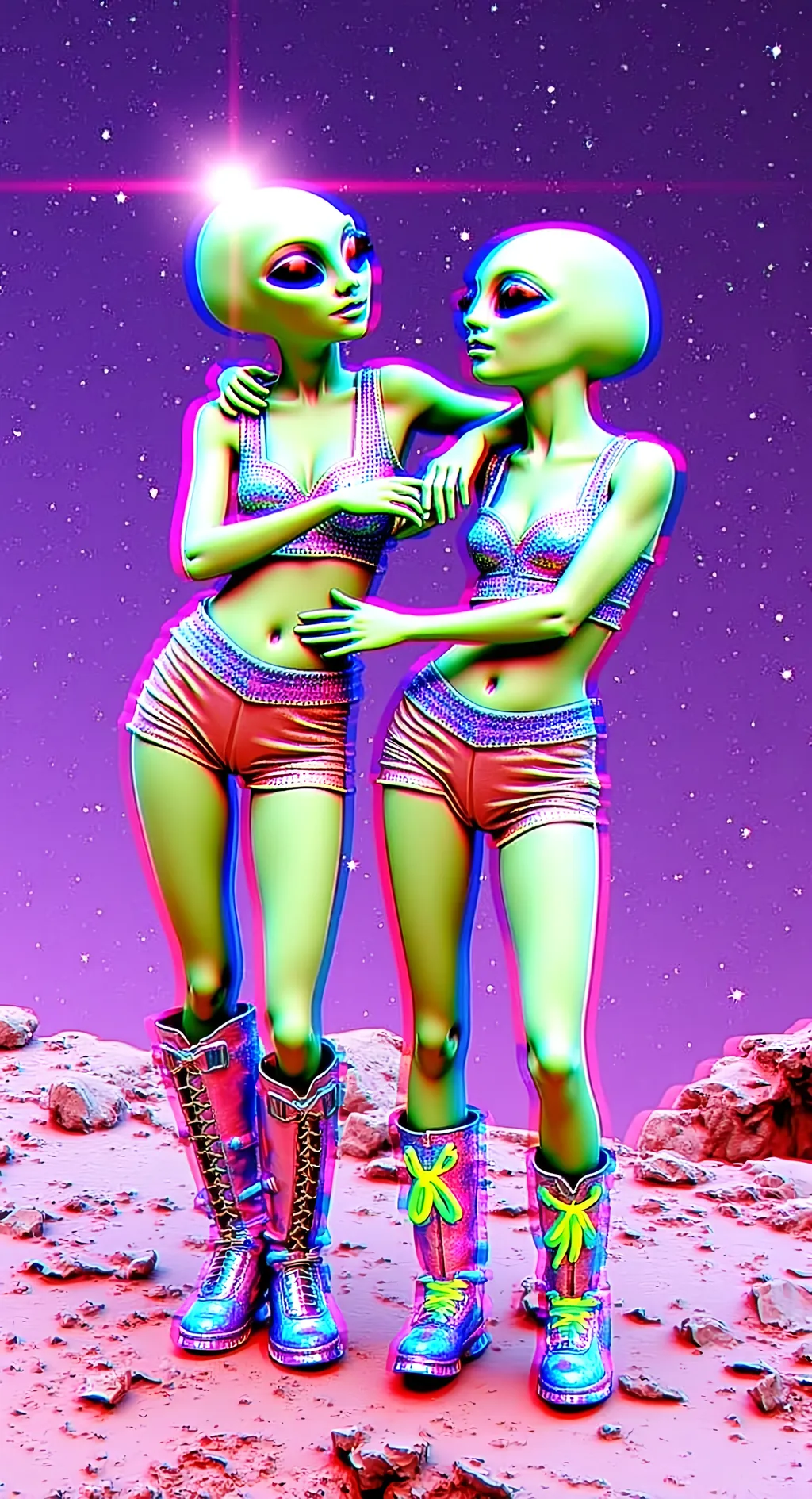 Prompt: Create an image of two female aliens, each with green skin, conical shaped bald heads, and large solid black almond shaped eyes, playfully side hugging on a rugged asteroid in space. Both are dressed in tight, shimmering crop tops with fishnet sleeves and short shorts, exuding a fun and carefree vibe. One alien is wearing knee-high boots with metallic accents, while the other sports ankle boots with bright neon laces. Their arms are wrapped around each other, and they are laughing, showcasing their playful friendship. The cosmic background is filled with stars and distant galaxies, but the entire scene is infused with digital chaos. Glitches ripple across the image, with pixelated distortions and colorful digital noise creating a dynamic, otherworldly atmosphere. The asteroid and their forms seem to flicker and shift, as if caught in a digital transmission error.