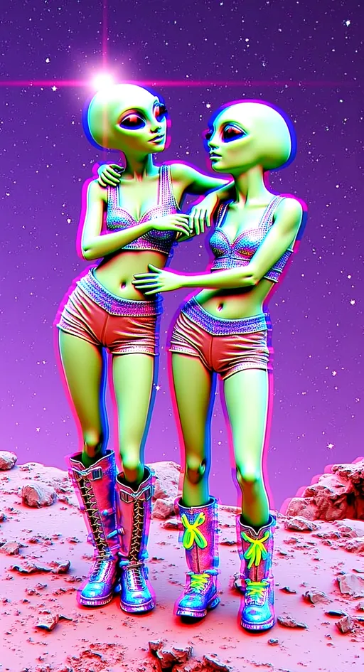 Prompt: Create an image of two female aliens, each with green skin, conical shaped bald heads, and large solid black almond shaped eyes, playfully side hugging on a rugged asteroid in space. Both are dressed in tight, shimmering crop tops with fishnet sleeves and short shorts, exuding a fun and carefree vibe. One alien is wearing knee-high boots with metallic accents, while the other sports ankle boots with bright neon laces. Their arms are wrapped around each other, and they are laughing, showcasing their playful friendship. The cosmic background is filled with stars and distant galaxies, but the entire scene is infused with digital chaos. Glitches ripple across the image, with pixelated distortions and colorful digital noise creating a dynamic, otherworldly atmosphere. The asteroid and their forms seem to flicker and shift, as if caught in a digital transmission error.