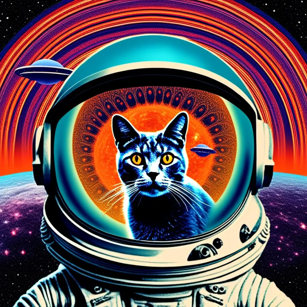 Prompt: a psychedelic collage with a vintage 70s sci-fi animation feel to it except the subject matter will be CATS IN SPACE! The collage will have elements of photography, illustration, trippy patterns and optical illusions, alien landscapes, strange trippy planets, UFOs,, meteors, all cut and spliced together in a psychedelic collage style <mymodel>