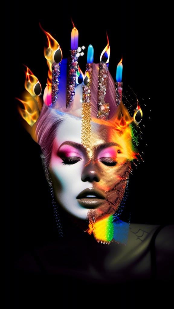 Prompt: a mixed media collage portrait of a woman in a black or white photograph that has bit edited with other media to create a collage like illusion that she is burning in shining metallic glittery rainbow colored fire flames , sparkle, colored paints, rhinestones sequins paint paper high texture-multimedia rainbow astral flames bursting forth from a black and white photograph of a woman<mymodel>