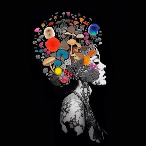 Prompt: A mixed media collage of a black and white photograph of a young woman growing all kinds of colorful multimedia psychedelic mushrooms and fungus out of her body (incorporate things like- but are not limited to - vibrant paints, enamels, glitters, metallic foils, newspaper and magazine cut paper, paint spatter, etc)<mymodel>