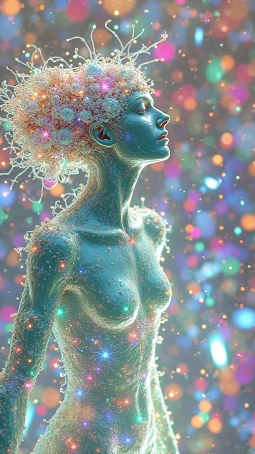 Prompt: A luminous, divine figure stands at the center of a radiant, high-dimensional landscape. Her body is made of glowing fiber threads and translucent geometry—clusters of color-drenched orbs connected by shimmering tendrils, resembling a living neural network or glowing spiderweb of thought. Her silhouette is partly human, partly abstract—her limbs stretch and blur into branching latticework, as if woven from data and intuition. Each movement leaves behind iridescent trails of fluid color, like jellyfish tendrils drifting through space, echoing the motion of past and future states. Her skin shimmers with kaleidoscopic light—rich purples, acidic greens, neon pinks, golden amber—constantly shifting, as if coded with emotional equations.

Around her, the space bends in paradoxical geometry—every direction seems equally far, yet intimately close, creating an uncanny, dreamlike distortion. Crystalline structures spiral out from her chest, forming vortexes of broken symmetry, radiating both order and chaos. In the distance, sharp glowing lines rupture the soft atmosphere, symbolizing moments of divergence—where one future splits violently from another. The background pulses with layers of color gradients, swirling fractal fields, and explosive bursts of caustic light—suggesting both clarity and confusion. She stands at the center of all this, a goddess of decisions not yet made, stitched from liquid logic and tangled light, the visual embodiment of complex mathematics becoming myth.