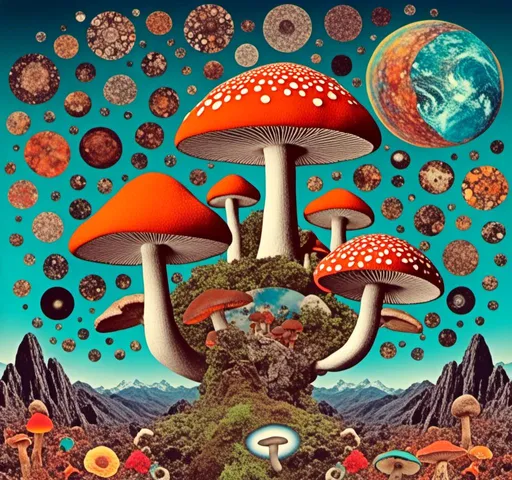 Prompt: <mymodel>Retro psychedelic collage of vibrant, 70s-inspired fungus, mushrooms, vibrant colors and patterns, surreal collage cut and paste composition, landscapes, trippy patterns, optical illusions, planets vintage analog texture, high quality, retro, psychedelic, vibrant colors, surreal, vintage, analog texture, detailed patterns, artistic