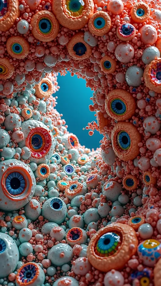 Prompt: an extremely hyper realistic ultra super textural weird trippy surreal psychedelic entity, white, translucent, clear, bright bright pastel colors, oil slick rainbow sheen effect, lots and lots of light, lots of crazy colorful compound psychedelic human eyes, rows of human teeth, fungus, atoms, diatoms,