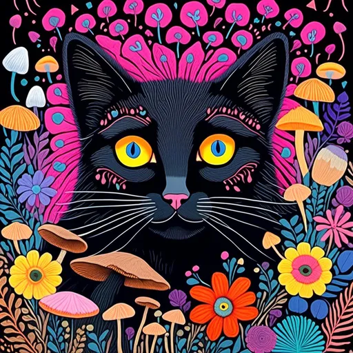 Prompt: <mymodel>Black cat surrounded by mushrooms and flowers, mixed media, detailed fur with intricate patterns, vibrant and surreal, high quality, mixed media, whimsical, vibrant colors, atmospheric lighting, detailed eyes, professional, surreal, detailed mushrooms and flowers, artistic, highres