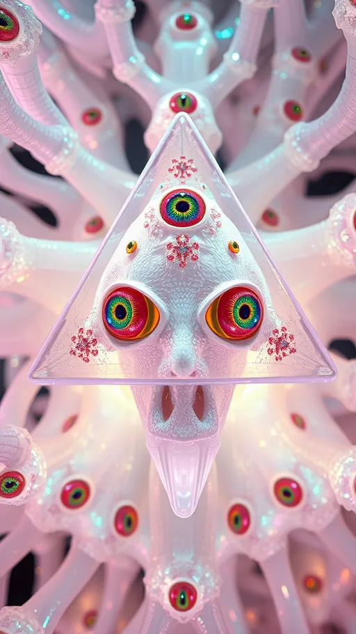 Prompt: an extremely hyper realistic ultra super textural weird trippy surreal psychedelic entity, gyroid structures, Pascal's Triangle, white, translucent, clear, bright bright pastel colors, oil slick rainbow sheen effect, lots and lots of light, lots of crazy colorful compound psychedelic human eyes, rows of human teeth, fungus, atoms, diatoms, gyroid structures, Pascal's Triangle