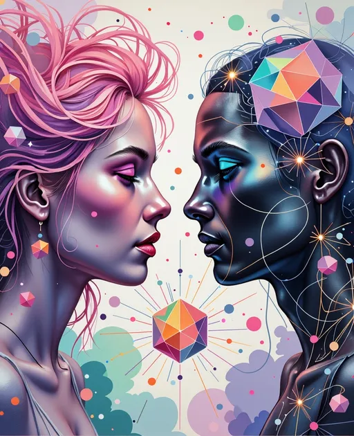 Prompt: A surreal La Planète Sauvage–style illustration of two pre-incarnate beings meeting within the other dimension of geometry—a plane beyond time and language, where math becomes matter and emotion takes form as light. One figure is constructed of iridescent rainbow geometry: a lattice of softly shifting polyhedra, translucent prisms, and Mandelbrot curls that bloom like living architecture. Her wild pink hair floats upward in impossible spirals, each strand etched with radiant glyphs and recursive fractal patterns. Her body shimmers between form and formula—equal parts sacred diagram and sentient light.

Facing her is a dark, harmonic figure composed of magnetic tessellations and glyphic frequencies. His body is rendered in shimmering graphite-black and silver ink—etched with nested circuits, interlocking geometries, and quiet cosmic resonance. His cobalt eyes emit pulsing waves of vibration, creating soft distortions in the space around him—his presence precise, anchored, yet immeasurably deep.

They float above a vast dimensional plane not made of land but of shifting geometries: folded hypercubes, rotating toroids, endless tesselated grids that ripple like membranes. Floating glyph-nodes and transparent light structures phase in and out, forming recursive environments where scale and shape blur into logic. Between the beings spins a rhombic dodecahedron—a living construct of rotating faces, glowing from within. It pulses with memory and recognition, acting as shared interface, mirror, and anchor.

The sky is a morphing field of vector clouds and glitching dimension-lines. Tesseracts drift silently overhead. Every shape is outlined in analog crosshatching, layered with brilliant holofractal hues: mint, violet, coral, teal, lemon-lime, and plasma pink—an ink-dream vibrating with sacred, prehuman intimacy.

Style: Hand-drawn La Planète Sauvage surrealism infused with glowing holofractal color and analog textures. 