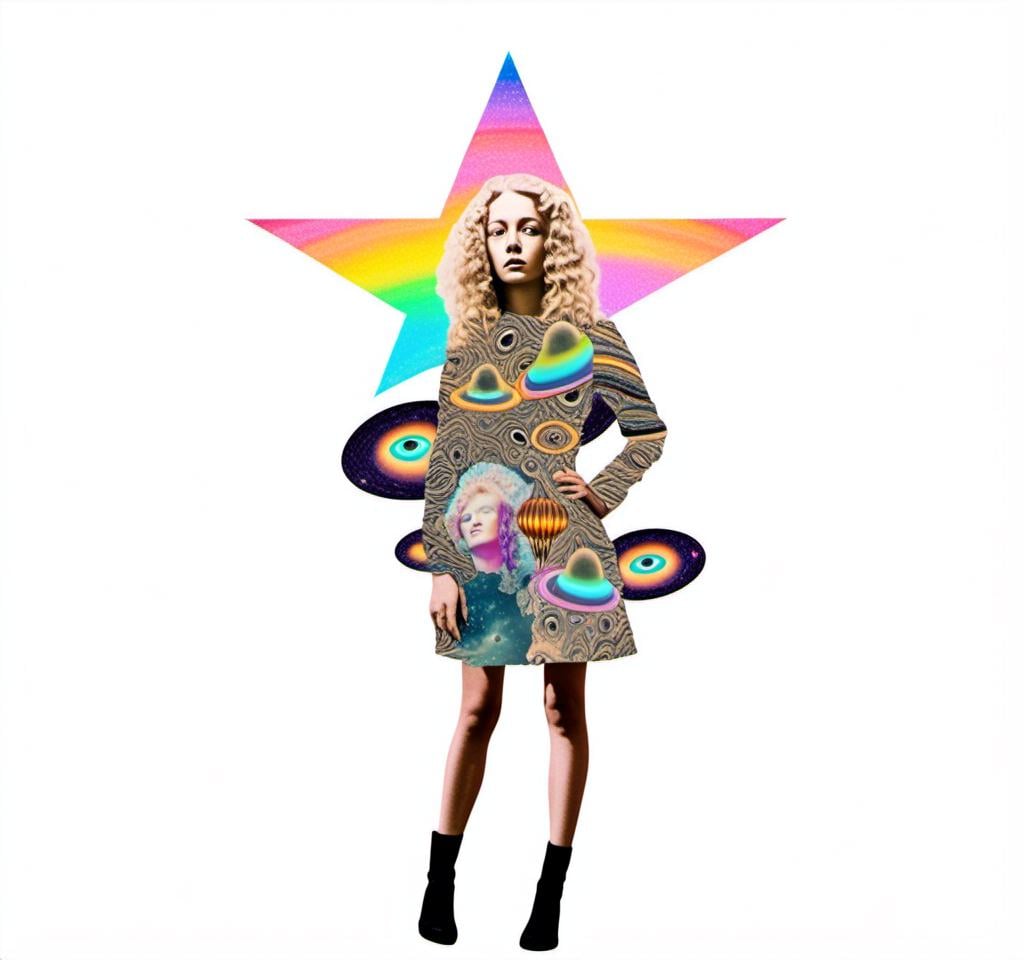 Prompt: A psychedelic collage featuring a photograph of a woman with blond curly long hair. The photo is cut and spliced with other photos and drawings of aliens, UFOs, rainbow spectrums are erupting from places, planets, stars, landscapes, and sparkles set amidst optical illusions of all kinds in geometric shapes giving an otherworldly surreal bizarre ufo alien effect to this psychedelic collage <mymodel>