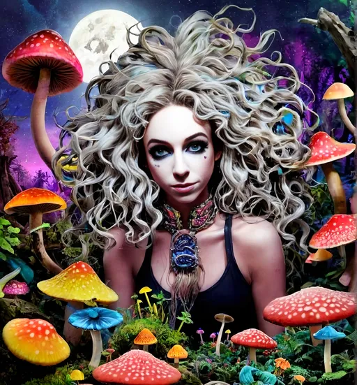 Prompt: 4k, ultra-detailed, psychedelic, trippy, bright colors, vivid, black light poster, girl with longish blond curly hair, psychedelic magic mushrooms, trippy hallucinations, optical illusions, patterns, crystals, moss, forest, moon, geometry fractals, vibrant colors, detailed hair, surreal, vibrant lighting