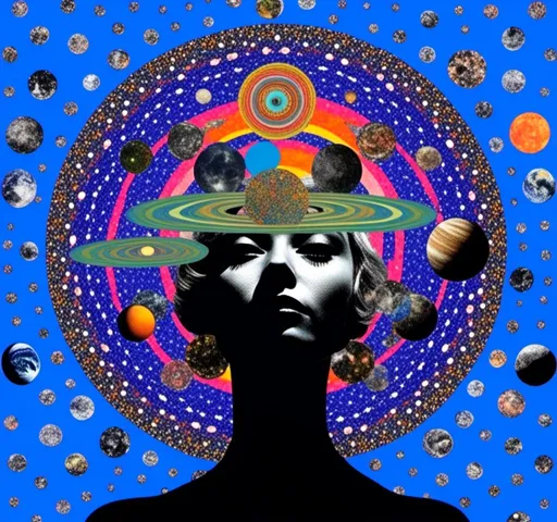 Prompt: <mymodel>Psychedelic collage of a woman, spliced and edited with psychedelic planets, cats, and UFOs, a psychedelic open third eye, incorporating paint, enamel, and found objects, black and white optical illusions, high quality, surreal, vibrant colors, trippy, psychedelic, detailed collage, cosmic theme, colorful lighting surreal collage