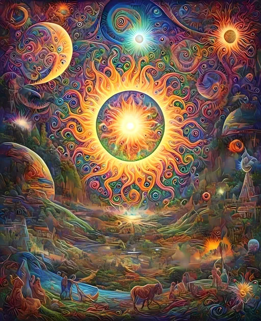 Prompt: <mymodel>Psychedelic summer solstice illustration, vibrant and trippy, sun and moon intertwining, solstice celebration, surreal colors, high energy, intricate details, ethereal glow, otherworldly atmosphere, best quality, ultra-detailed, surreal, vibrant colors, high energy, intricate details, celestial, atmospheric lighting