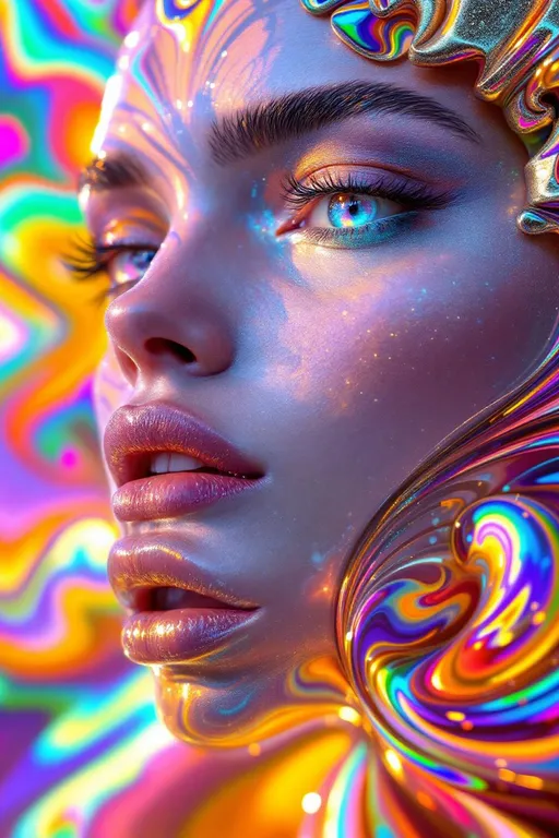 Prompt: A woman’s face woven from living colored light and recursive mathematical recursion—her features endlessly fractalized and warped across a shifting non-Euclidean surface. Her cheekbones spiral through Möbius twists, folding inside-out with shimmering iridescent caustics that loop endlessly across topological seams. Skin formed of spectral interference membranes stretches over Klein bottle undulations—rainbow glints sliding across impossible curvature like liquid logic trapped in extradimensional silk.

Her facial structure emerges from a lattice of AdS harmonic wavefronts, wrapped in a Penrose tiling of microfacet glitter shards that diffract into recursive sparkle clusters—each glint mirrored infinitely in topologically toroidal loops. Lips gleam with rainbow-thin film interference, stretched across spirographic ridges, and her eyes contain nested diffraction rings shaped like vibrating Chladni fields—each pupil a toroidal portal of recursive spectral geometry, bending light through angles that do not exist.

Hair pours like a braid of math: nested Hilbert curves coded with prismatic dispersion, flowing in Escherian staircases and tesseract coils. Moiré spirals drift across her brow like hallucinated topography. Behind her, volumetric god rays curve impossibly through a hyperbolic fractal mist, illuminating a space that folds back into itself. The background contains warped symmetry breaking—reaction-diffusion halos and shimmering spectral eigenmodes embedded in a Klein-loop skybox.

Colors explode with UV-infused recursion: chromatic gold, glitch-violet, birefringent plasma blue, cantorian silver, and diffraction pink. Geometry-based surrealism. Math-warped maximalism. Recursive topological shimmer queen from beyond dimensional boundaries.