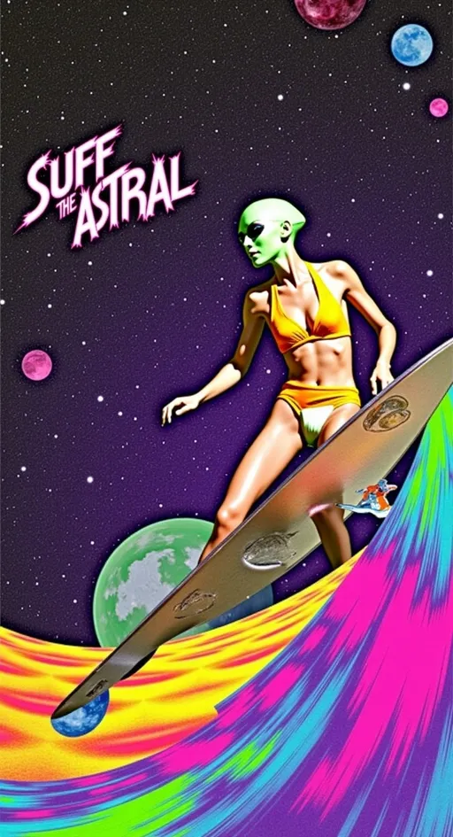 Prompt: Let's add that cosmic phrase into the mix:

**Astral Surfing Queen - AI Art Prompt**

Create an artwork featuring our iconic green-skinned alien babe, rocking a retrofuturistic swimsuit that blends vintage style with sleek, modern design. Picture her surfing an astral wave made entirely of vibrant colored light and abstract astral matter, gliding effortlessly through the vast expanse of the astral plane.

She's "hanging 10," her toes gripping the edge of a metallic, futuristic surfboard that gleams with an otherworldly sheen. The board is adorned with intricate patterns and glowing accents, reflecting the advanced technology of her cosmic culture.

Her expression is one of pure joy and exhilaration, as she rides the astral wave with the grace and skill of a seasoned surfer. Her bald conical head and large, solid black almond-shaped eyes add an extra layer of mystique to her carefree demeanor.

The background is a dazzling display of cosmic elements—swirling nebulae, twinkling stars, and trails of astral light that create a sense of motion and energy. The astral wave itself is a dynamic flow of luminous colors and abstract forms, embodying the ethereal and ever-changing nature of the astral realm.

Incorporate the text phrase "SURF THE ASTRAL" in a bold, glitchy, futuristic style that complements the vibrant and dynamic nature of the scene. The text should integrate seamlessly into the composition, enhancing the theme and adding a narrative element to the artwork.

Balance hyperrealistic textures with an illustrative, artistic style, capturing the playful and adventurous essence of this astral surfing queen. Let the fine details and vibrant colors transport viewers into a realm where surfing meets the extraterrestrial, in a celebration of cosmic joy and exploration. 🌌🏄‍♀️👽

Let this prompt inspire a piece that's as dynamic and visually captivating as it is uniquely yours!