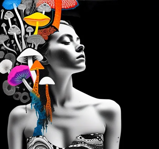 Prompt: A mixed media collage of a black and white photograph of a young woman growing all kinds of colorful multimedia psychedelic mushrooms and fungus out of her body (incorporate things like- but are not limited to - vibrant paints, enamels, glitters, metallic foils, newspaper and magazine cut paper, paint spatter, etc)<mymodel>